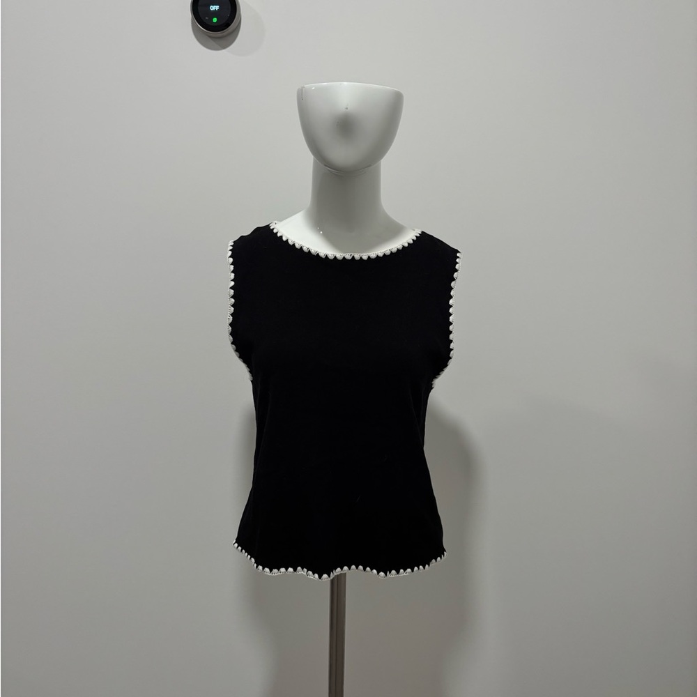 EB LUXE Black Tank Top With Embroidered White Trim Women’s S